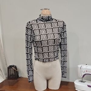 Black & White Geometric Mock Neck Long Sleeve Top Sz Small Sheer.